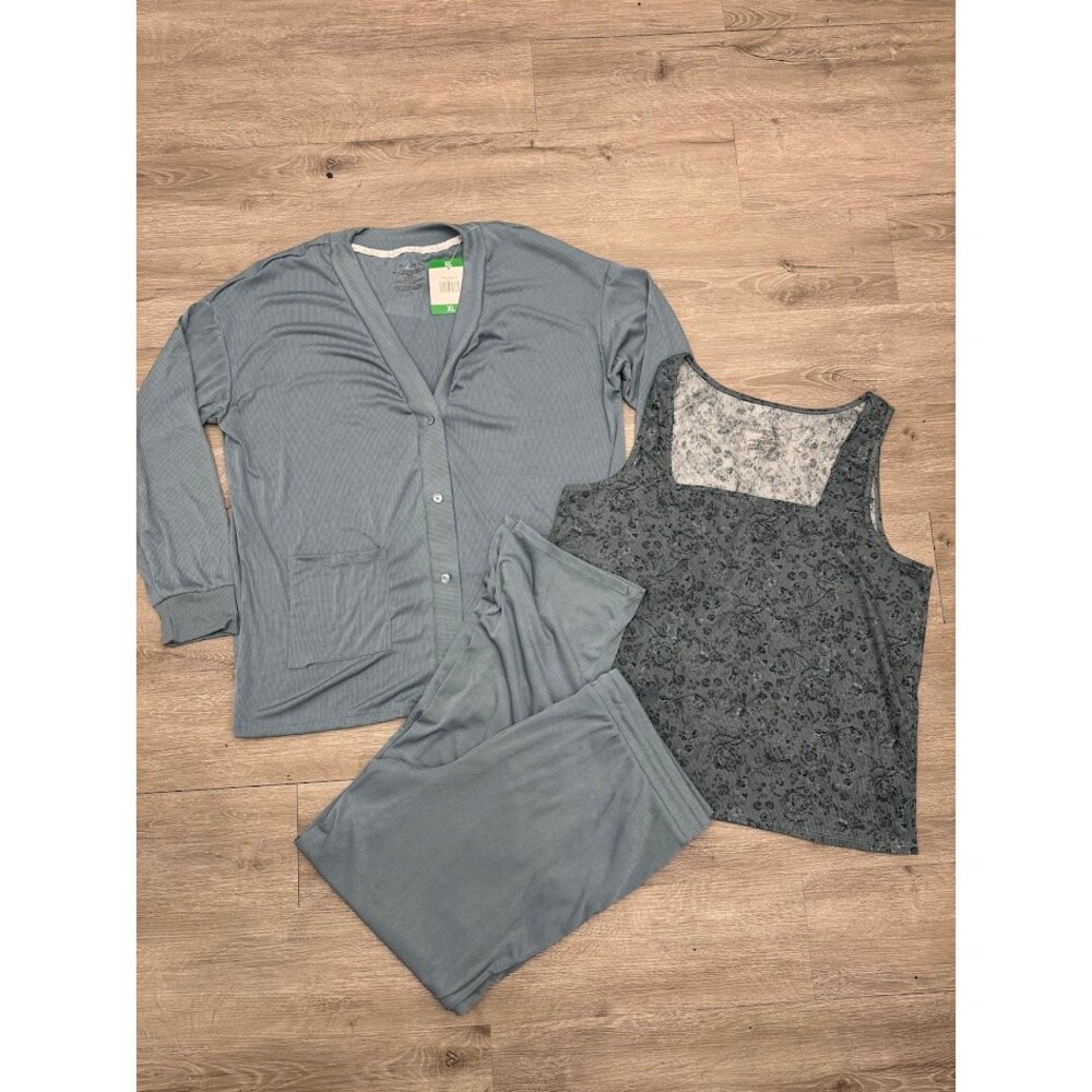 Live 2 Lounge XL 3pc Lounge Set Blue Gray Ribbed Cardigan Tank Pants Cozy